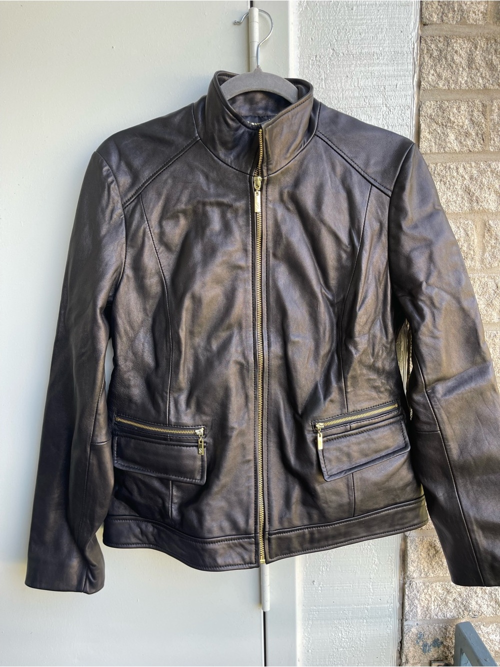 Cole Haan Women's Black Leather Zip-Front Jacket